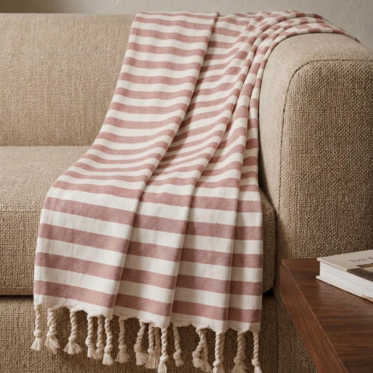 Oak & Lily 100% Cotton Sofa Throw Blanket (50x60 Inches) – Soft & Breathable Decorative Throw | Lightweight for Sofa, Bed & Travel | Rust Stripe