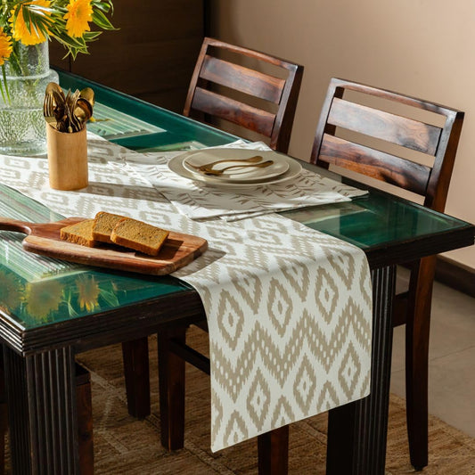 Oak & Lily Ivory & Beige Ikat Print 1 Table Runner & 2 Placemats Set  Beige & Ivory Leaf Print