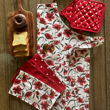 Oak & Lily Kitchen Linen Combo – Red Poppy Apron, Polka Dot Pot Holders & 3 Cotton Napkins | 100% Cotton | Heat Resistant | European Quality