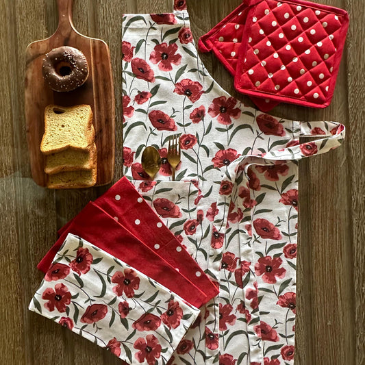 Oak & Lily Kitchen Linen Combo – Red Poppy Apron, Polka Dot Pot Holders & 3 Cotton Napkins | 100% Cotton | Heat Resistant | European Quality