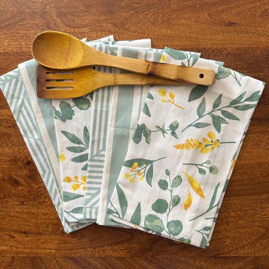 Oak & Lily Kitchen Towels – Sage Green Leaf & Stripes | Set of 6 | 100% Cotton | Anti-Bacterial | Premium European Quality