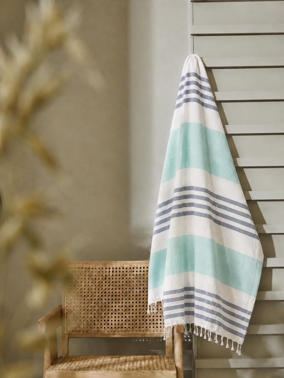 Oak&Lily Crafted Cotton Beach Towel | Large Size  | 120 x 150 cm| Soft & Quick-Dry Towel for Men & Women | Green & Brown Stripes Print (Blue)