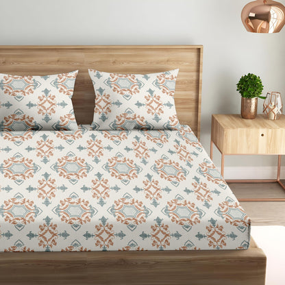 Oak & Lily King Size Bedsheet – Paradise Charm Orange & Blue | 210 TC | 100% Cotton | 2 Pillow Covers | Soft, Washable, Premium European Quality