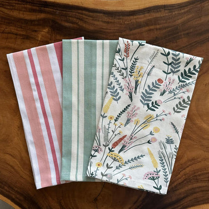 Oak & Lily Kitchen Towels – Green Floral | Set of 3 | 100% Cotton | European Quality | Super Absorbent & Anti-Bacterial