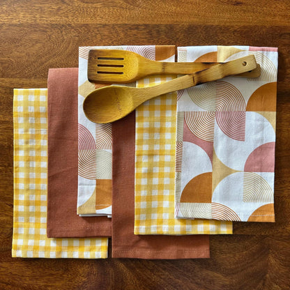 Oak & Lily Kitchen Towels – Rust Abstract & Yellow Check | Set of 6 | 100% Cotton | Premium European Quality | Anti-Bacterial