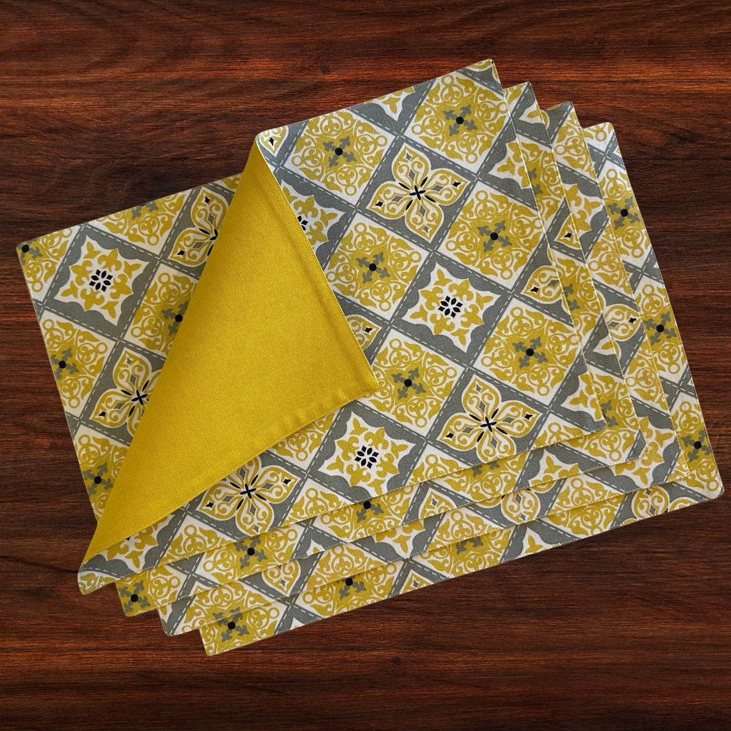 Oak & Lily Placemats – Yellow Grey Ethnic Print | 100% Cotton | Heat Resistant | Premium European Quality