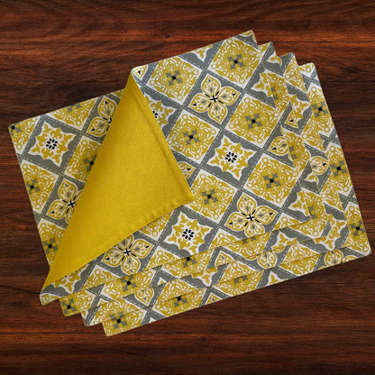 Oak & Lily Placemats – Yellow Grey Ethnic Print | 100% Cotton | Heat Resistant | Premium European Quality