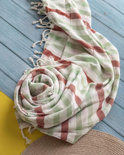 Oak&Lily Crafted Cotton Beach Towel | Large Size  | 120 x 150 cm| Soft & Quick-Dry Towel for Men & Women | Green & Brown Stripes Print