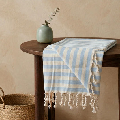 Oak & Lily 100% Cotton Sofa Throw Blanket (50x60 Inches) – Soft & Breathable Decorative Throw | Lightweight for Sofa, Bed & Travel | Blue Stripe