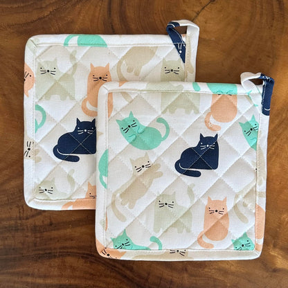 Oak & Lily Pot Holders – Multicolour Quirky Cat Print | Set of 2 | 100% Cotton | Heat Resistant | European Quality