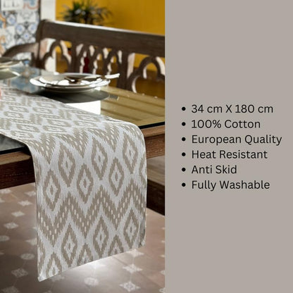 Oak & Lily Table Runner – Ivory & Beige Ikat Print | 100% Cotton | Premium European Quality
