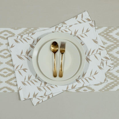 Oak & Lily Ivory & Beige Ikat Print 1 Table Runner & 2 Placemats Set  Beige & Ivory Leaf Print