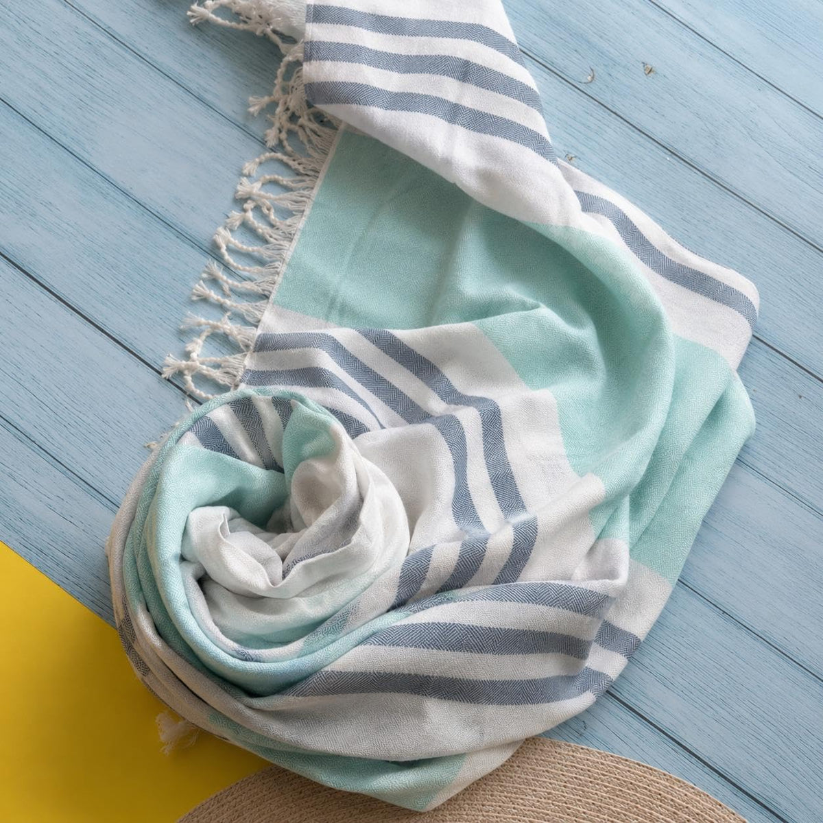 Oak&Lily Crafted Cotton Beach Towel | Large Size  | 120 x 150 cm| Soft & Quick-Dry Towel for Men & Women | Green & Brown Stripes Print (Blue)