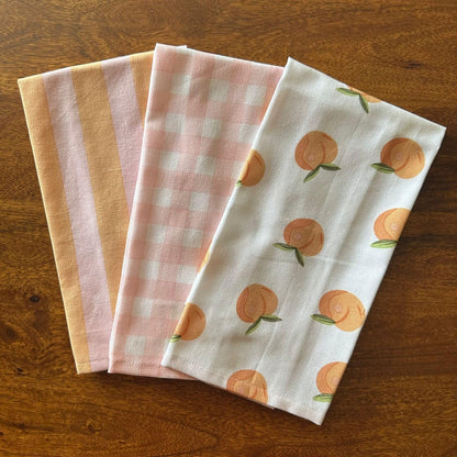 Oak & Lily Kitchen Towels – Peach, Pink Checks & Stripe Print | Set of 3 | 100% Cotton | Super Absorbent | Premium Quality