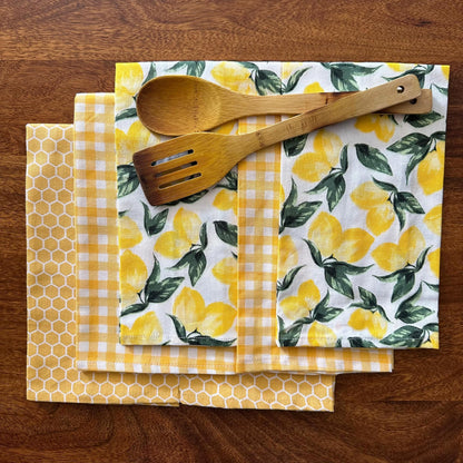 Oak & Lily Kitchen Towels – Yellow Honeycomb, Lemon & Checks | Set of 6 | 100% Cotton | Super Absorbent | Premium Quality