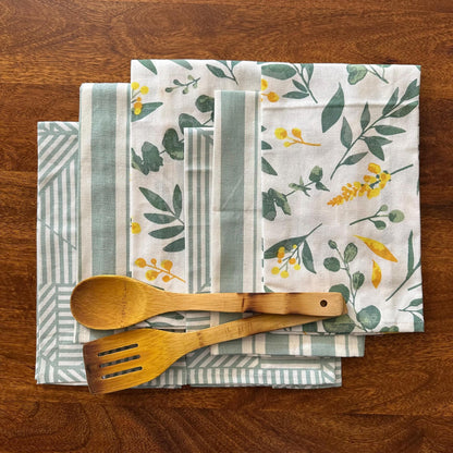 Oak & Lily Kitchen Towels – Sage Green Leaf & Stripes | Set of 6 | 100% Cotton | Anti-Bacterial | Premium European Quality