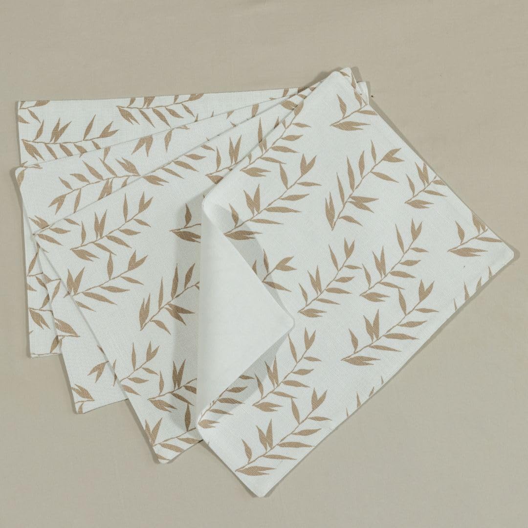 Oak & Lily Beige & Ivory Ikat Print 1 Table Runner & 4 Placemats in Beige Leaf Print Set