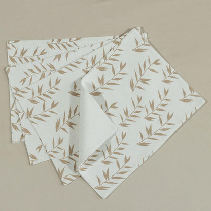 Oak & Lily Beige & Ivory Ikat Print 1 Table Runner & 4 Placemats in Beige Leaf Print Set