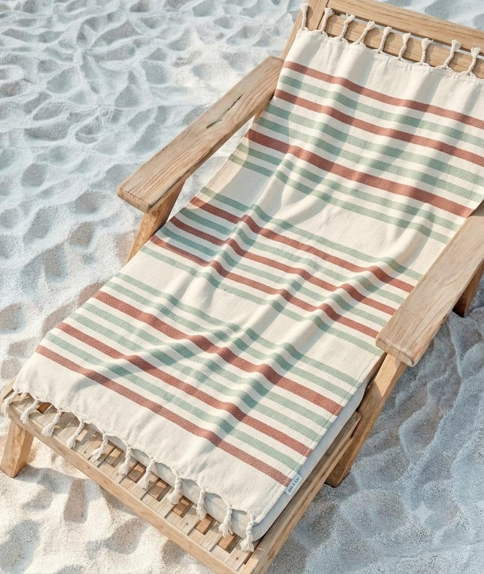 Oak&Lily Crafted Cotton Beach Towel | Large Size  | 120 x 150 cm| Soft & Quick-Dry Towel for Men & Women | Green & Brown Stripes Print