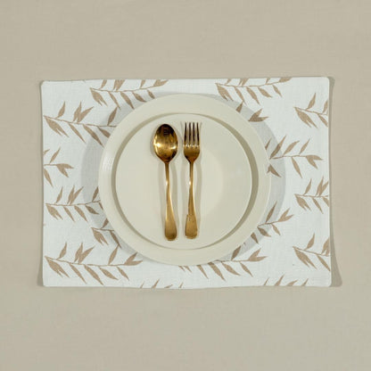 Oak & Lily Ivory & Beige Ikat Print 1 Table Runner & 2 Placemats Set  Beige & Ivory Leaf Print