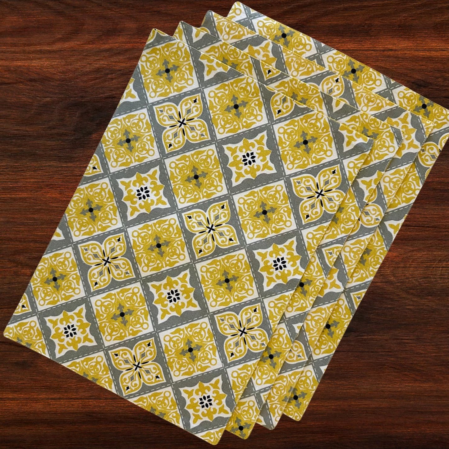 Oak & Lily Placemats – Yellow Grey Ethnic Print | 100% Cotton | Heat Resistant | Premium European Quality