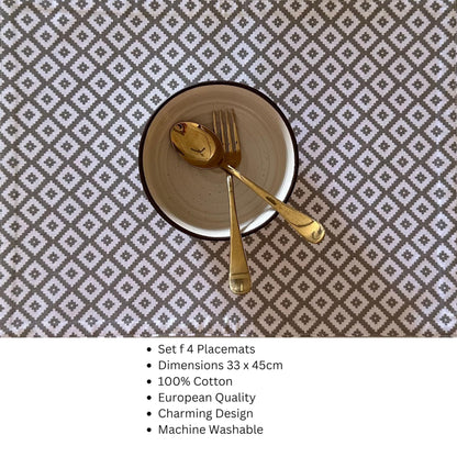 Oak & Lily Placemats – White & Grey Geometric Diamond Print | 100% Cotton | Heat Resistant | Premium European Quality