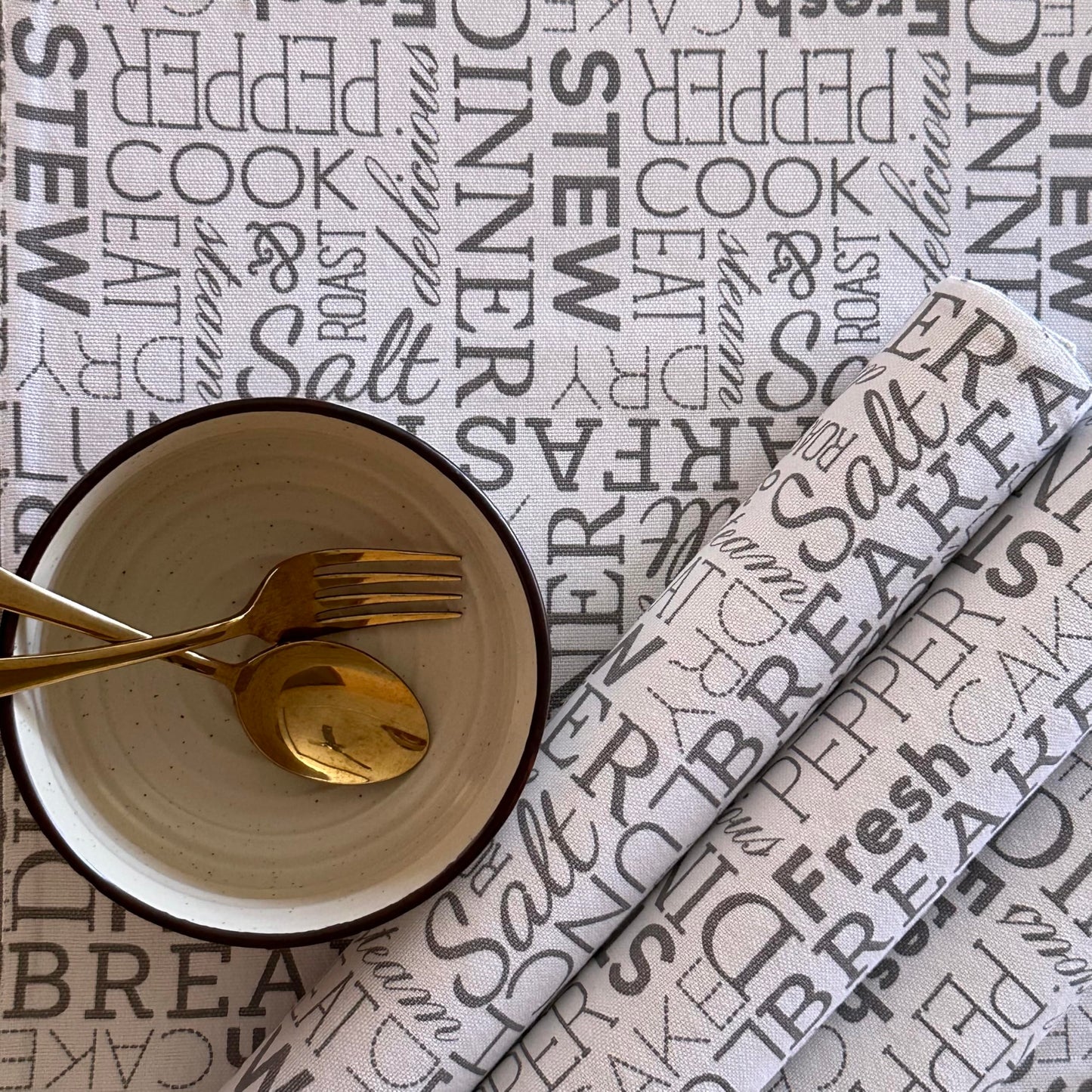 Oak & Lily Placemats – White & Grey Letter Print | 100% Cotton | Heat Resistant | Premium European Quality