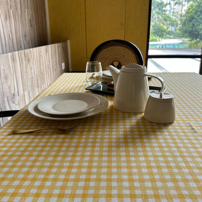 Oak & Lily Table Cloth – Yellow & White Check Print | 100% Cotton | Anti-Slip | Premium European Quality | Dining Table Cover