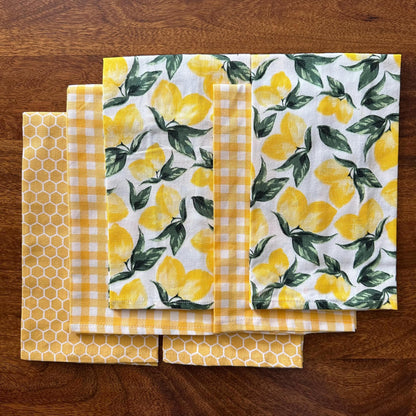 Oak & Lily Kitchen Towels – Yellow Honeycomb, Lemon & Checks | Set of 6 | 100% Cotton | Super Absorbent | Premium Quality