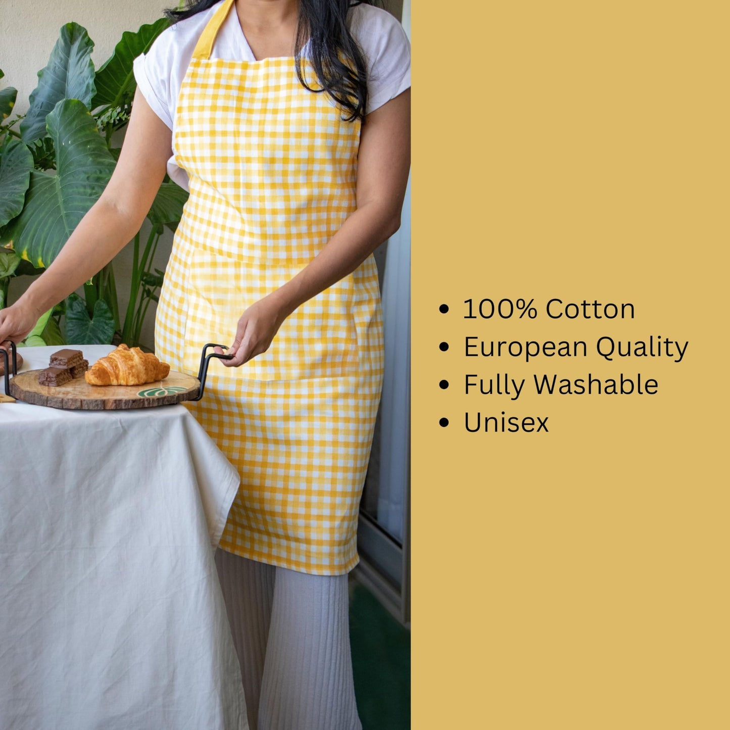 Oak & Lily Kitchen Combo – Yellow Check Apron, Honeycomb Pot Holders & Printed Napkins | 100% Cotton | Heat Resistant | European Quality