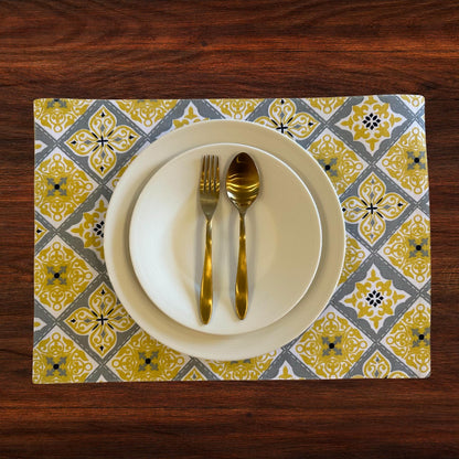 Oak & Lily Placemats – Yellow Grey Ethnic Print | 100% Cotton | Heat Resistant | Premium European Quality