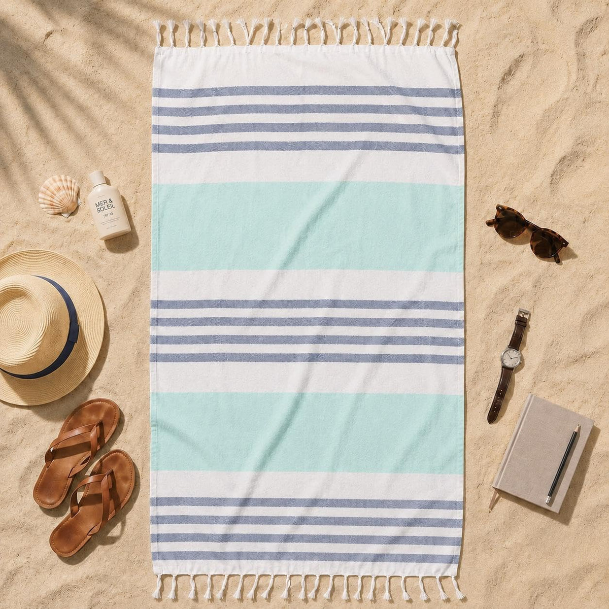 Oak&Lily Crafted Cotton Beach Towel | Large Size  | 120 x 150 cm| Soft & Quick-Dry Towel for Men & Women | Green & Brown Stripes Print (Blue)