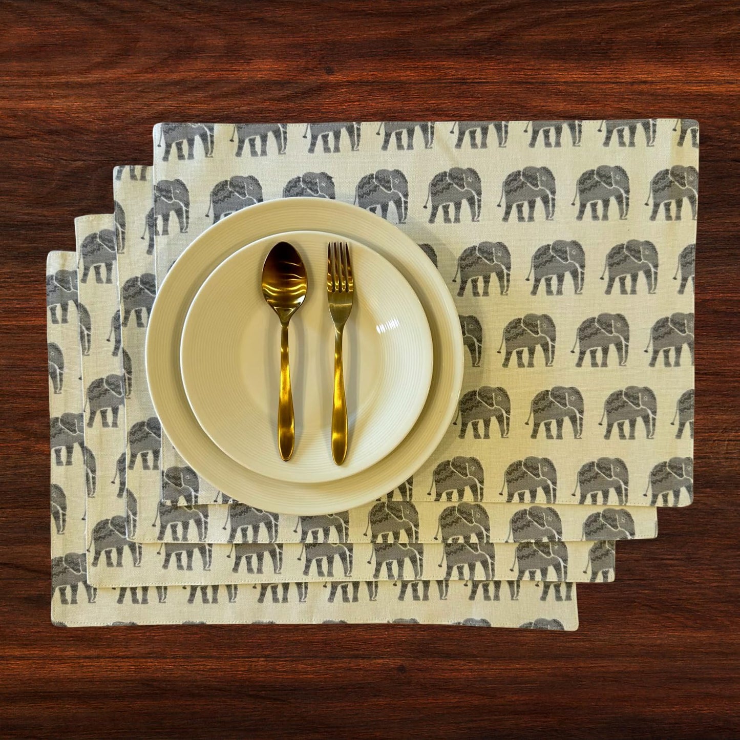 Oak & Lily Placemats – Elephant Print | 100% Cotton | Heat Resistant | Premium European Quality