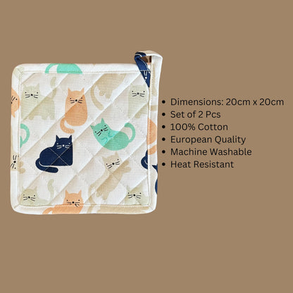 Oak & Lily Pot Holders – Multicolour Quirky Cat Print | Set of 2 | 100% Cotton | Heat Resistant | European Quality