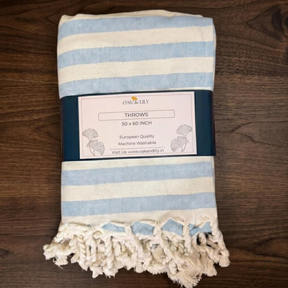 Oak & Lily 100% Cotton Sofa Throw Blanket (50x60 Inches) – Soft & Breathable Decorative Throw | Lightweight for Sofa, Bed & Travel | Blue Stripe