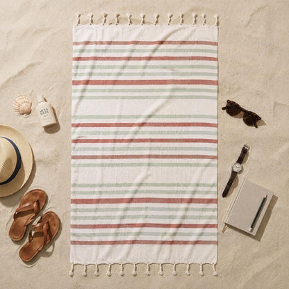 Oak&Lily Crafted Cotton Beach Towel | Large Size  | 120 x 150 cm| Soft & Quick-Dry Towel for Men & Women | Green & Brown Stripes Print
