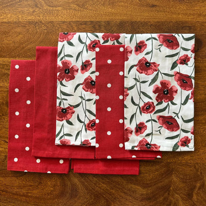 Oak & Lily Kitchen Towels – Red Poppy & Polka Print | Set of 6 | 100% Cotton | Anti-Bacterial | Premium European Quality