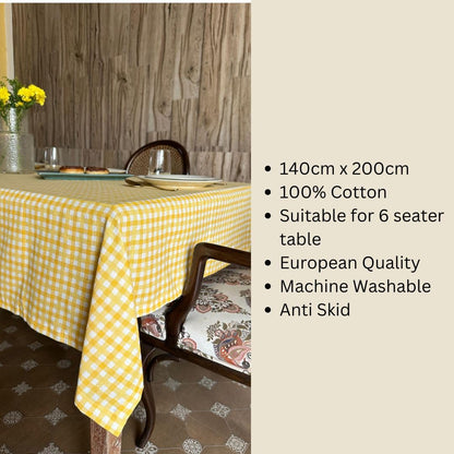 Oak & Lily Table Cloth – Yellow & White Check Print | 100% Cotton | Anti-Slip | Premium European Quality | Dining Table Cover