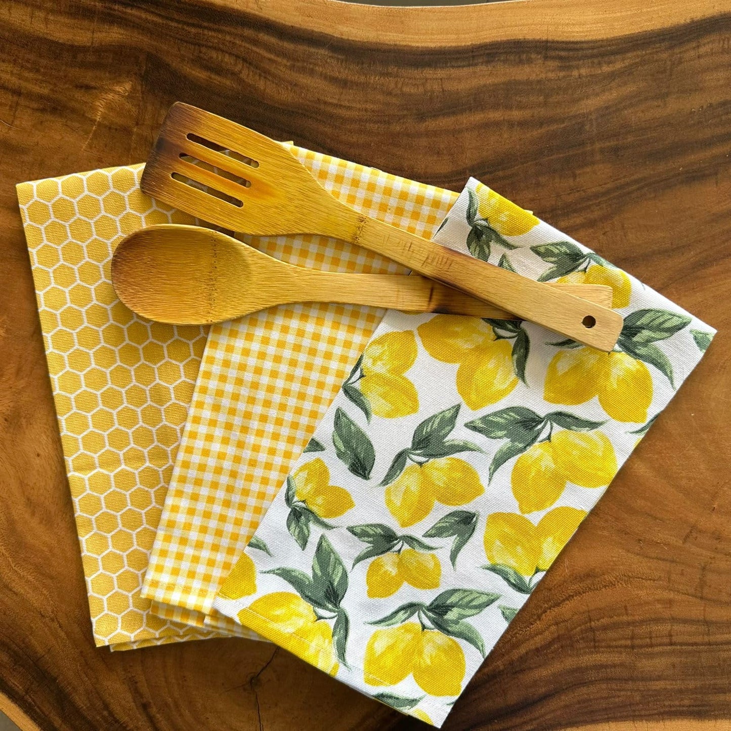 Oak & Lily Kitchen Combo – Yellow Check Apron, Honeycomb Pot Holders & Printed Napkins | 100% Cotton | Heat Resistant | European Quality