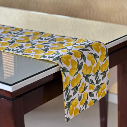 Oak & Lily Table Runner – Yellow & Green Lemon Print | 100% Cotton | Premium European Quality