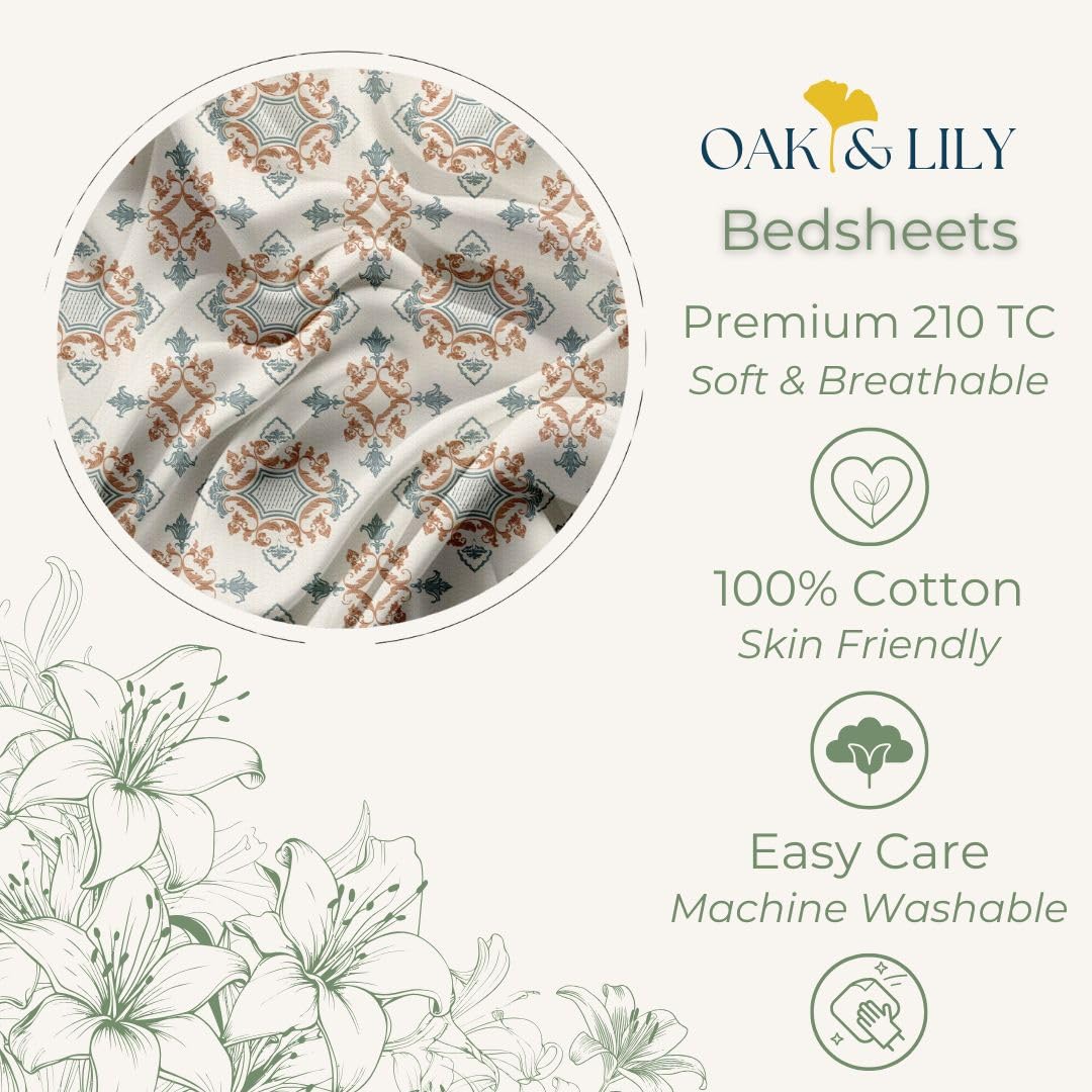 Oak & Lily King Size Bedsheet – Paradise Charm Orange & Blue | 210 TC | 100% Cotton | 2 Pillow Covers | Soft, Washable, Premium European Quality