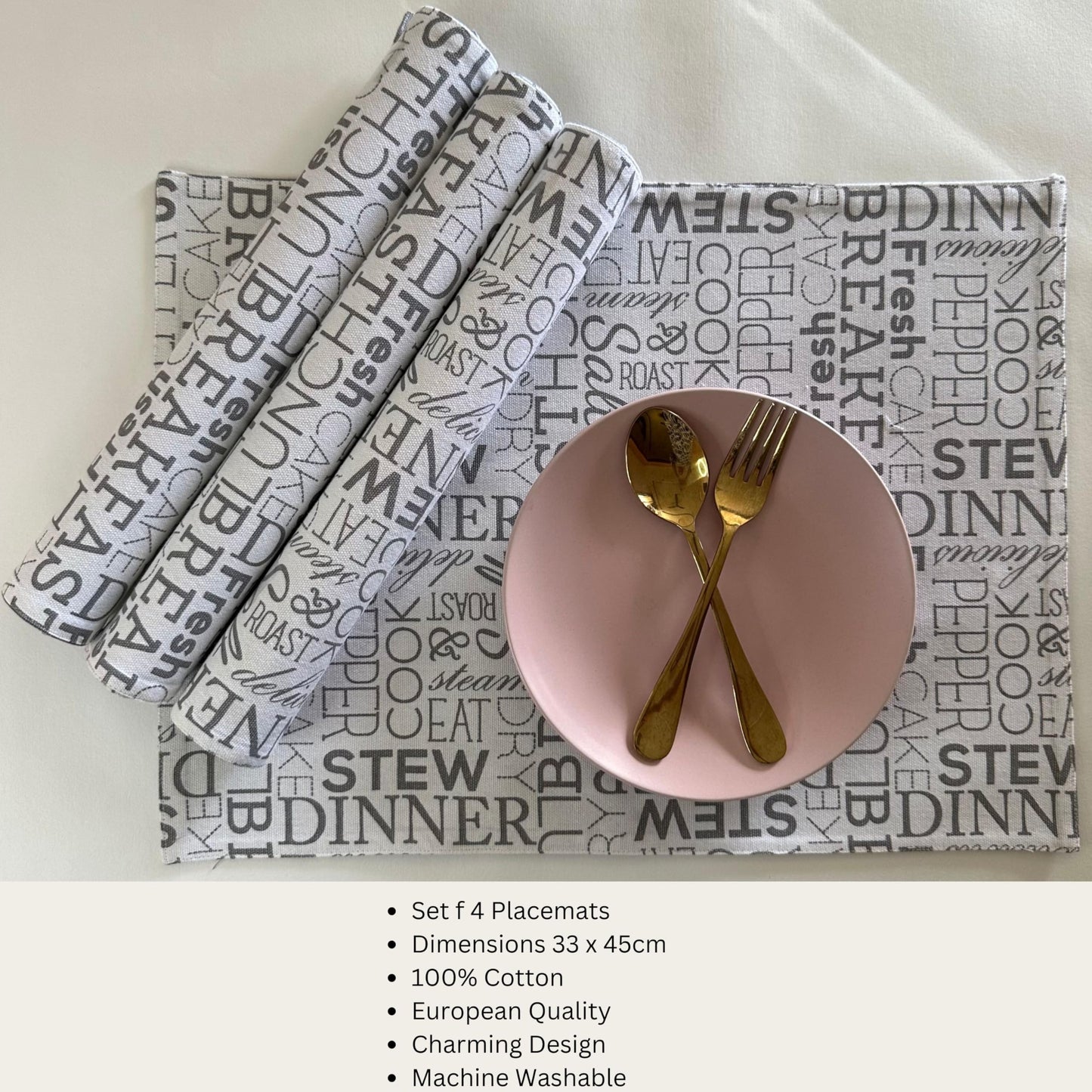 Oak & Lily Placemats – White & Grey Letter Print | 100% Cotton | Heat Resistant | Premium European Quality