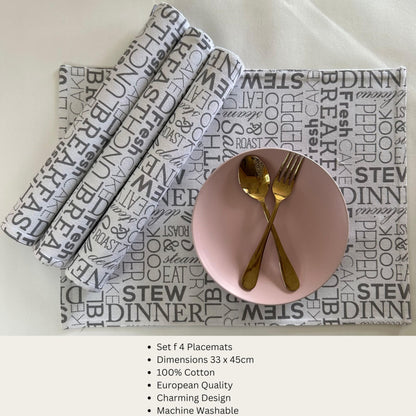 Oak & Lily Placemats – White & Grey Letter Print | 100% Cotton | Heat Resistant | Premium European Quality