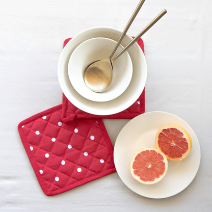 Oak & Lily Kitchen Combo – Red Dot Apron, Oven Mittens & Pot Holders | 100% Cotton | Heat Resistant | European Quality