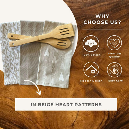Oak & Lily Kitchen Towels – Beige & Ivory Heart Print | Set of 6 | 100% Cotton | Super Absorbent | Premium Quality