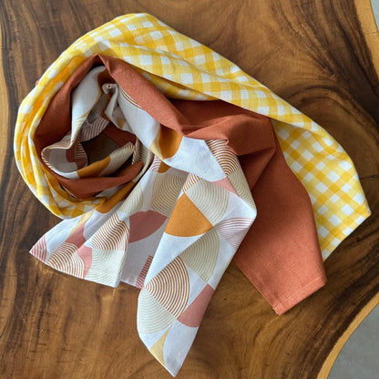 Oak & Lily Kitchen Towels – Rust Abstract & Yellow Check | Set of 6 | 100% Cotton | Premium European Quality | Anti-Bacterial