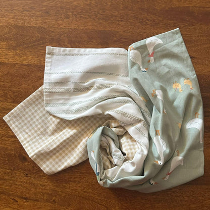 Oak & Lily Kitchen Towels – Green Duck, Stripes & Check Prints | Set of 3 | 100% Cotton | Super Absorbent | Premium Quality