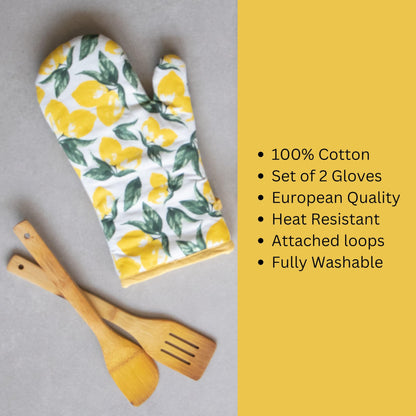 Oak & Lily Combo Set – Lemon Print Oven Mittens & Pot Holders | 100% Cotton | Heat Resistant & Cushioned | European Quality