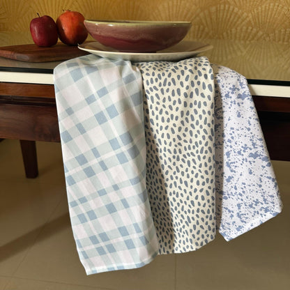 Oak & Lily Kitchen Towels – Blue Stone & Abstract Prints | Set of 3 | 100% Cotton | Super Absorbent | Premium Quality