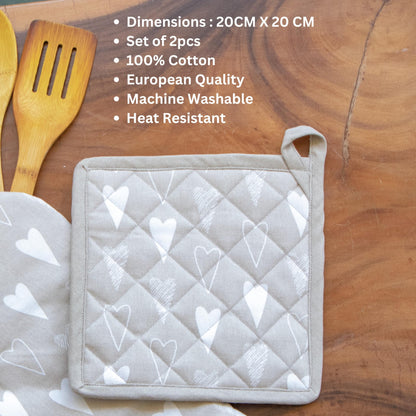 Oak & Lily Combo Set – Beige & Ivory Heart Print Apron, Oven Mittens & Pot Holders | 100% Cotton | Heat Resistant | European Quality